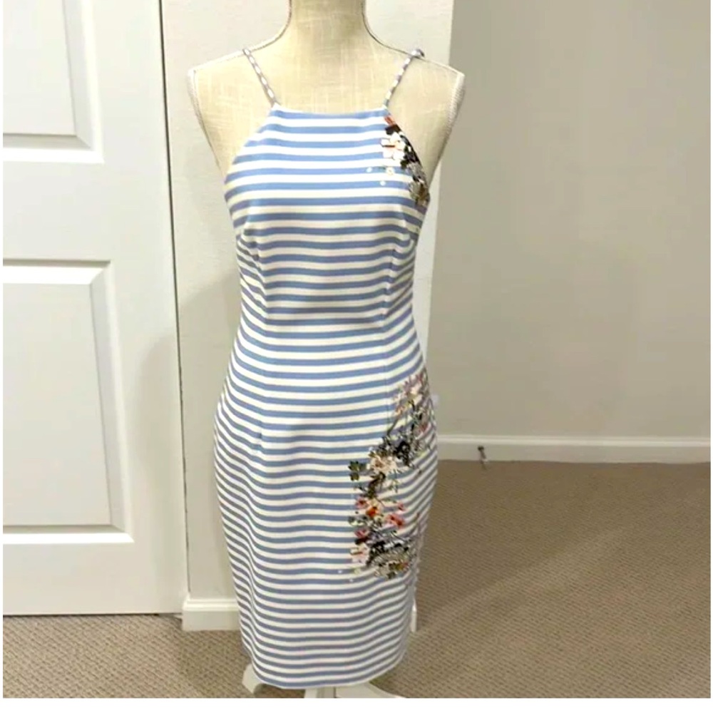 Black Halo blue and white dress